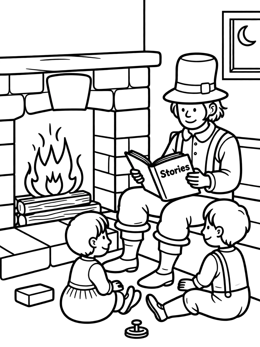 A pilgrim father reading a story to his children by the fire.
