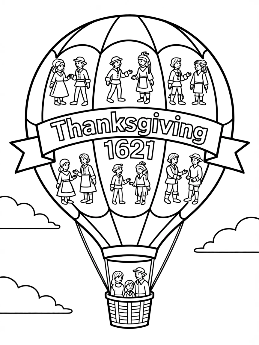 A Thanksgiving-themed hot air balloon showing historical scenes.