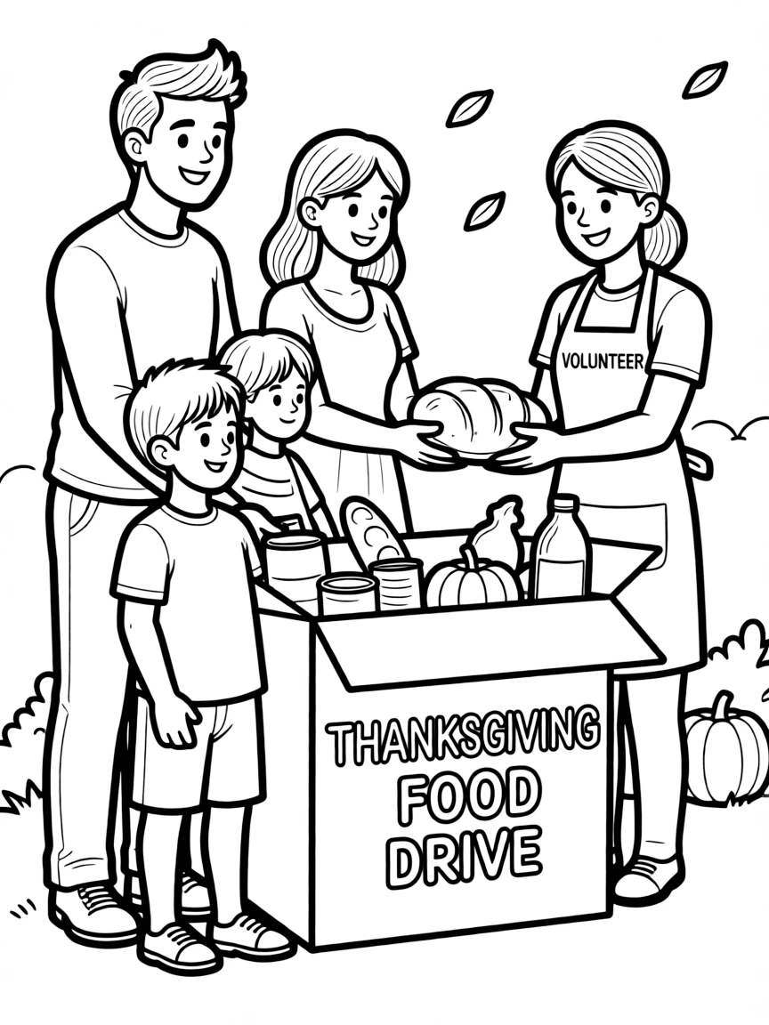 A happy family donating food to a Thanksgiving food drive.