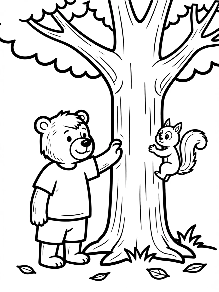 A friendly bear teaching a squirrel how to climb a tree.