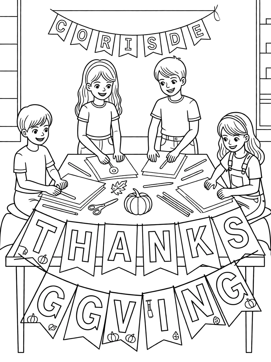 A group of children making Thanksgiving banners.