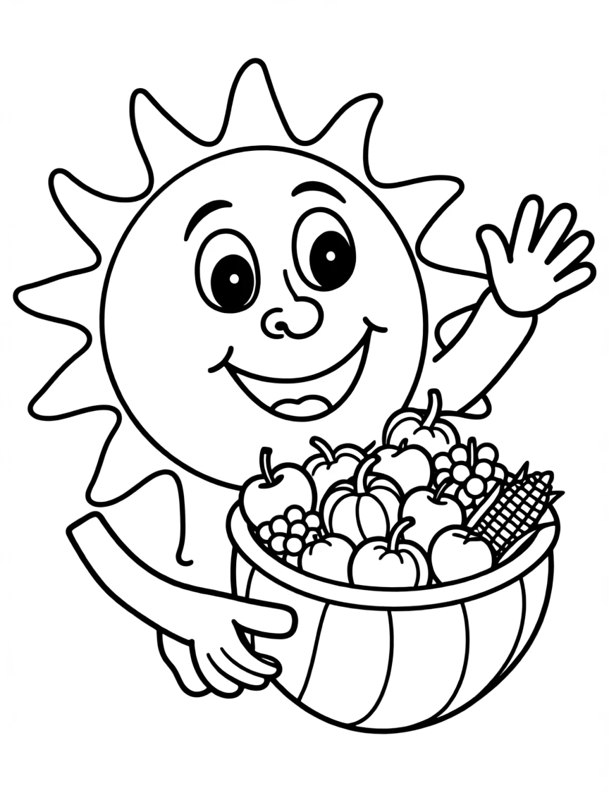 A smiling sun holding a cornucopia.