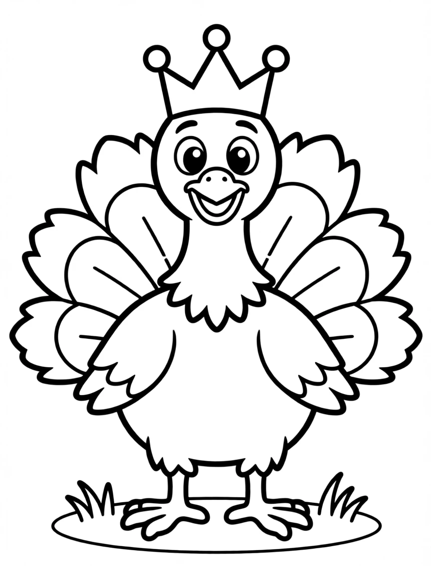 A cheerful turkey wearing a crown.