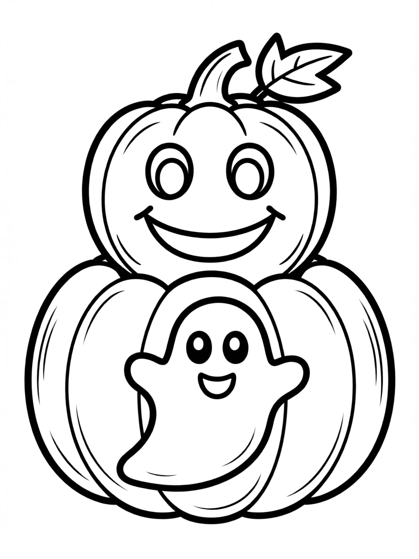 A big, happy pumpkin with a friendly ghost drawn on it.