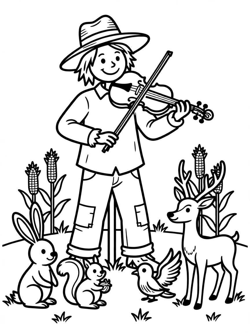 A scarecrow playing a violin for a group of friendly animals.