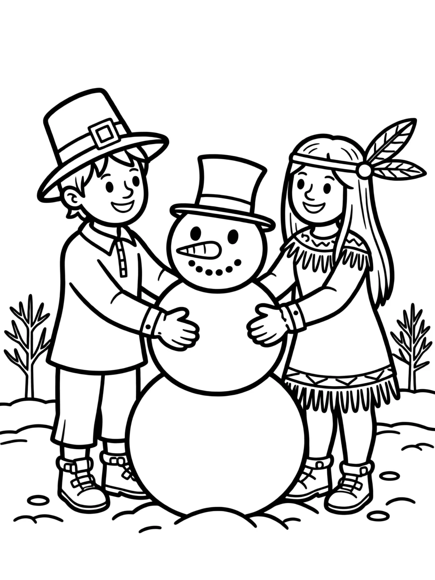 A happy pilgrim boy and Native American girl building a snowman.