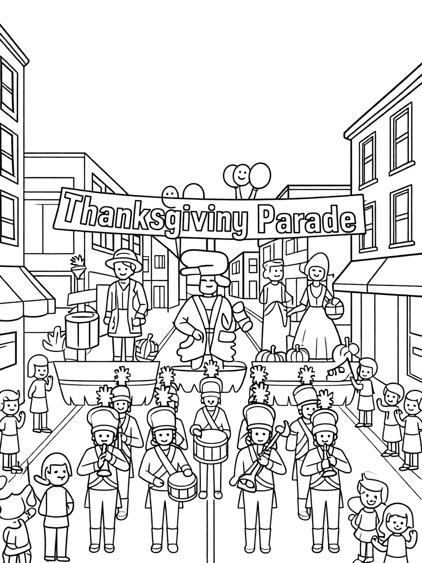 A Thanksgiving parade with marching bands and floats of historical figures.