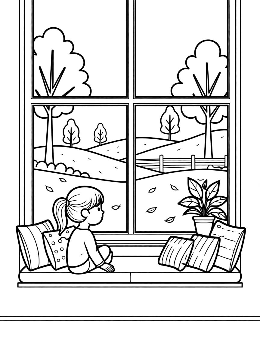 A cozy window seat overlooking an autumn landscape.
