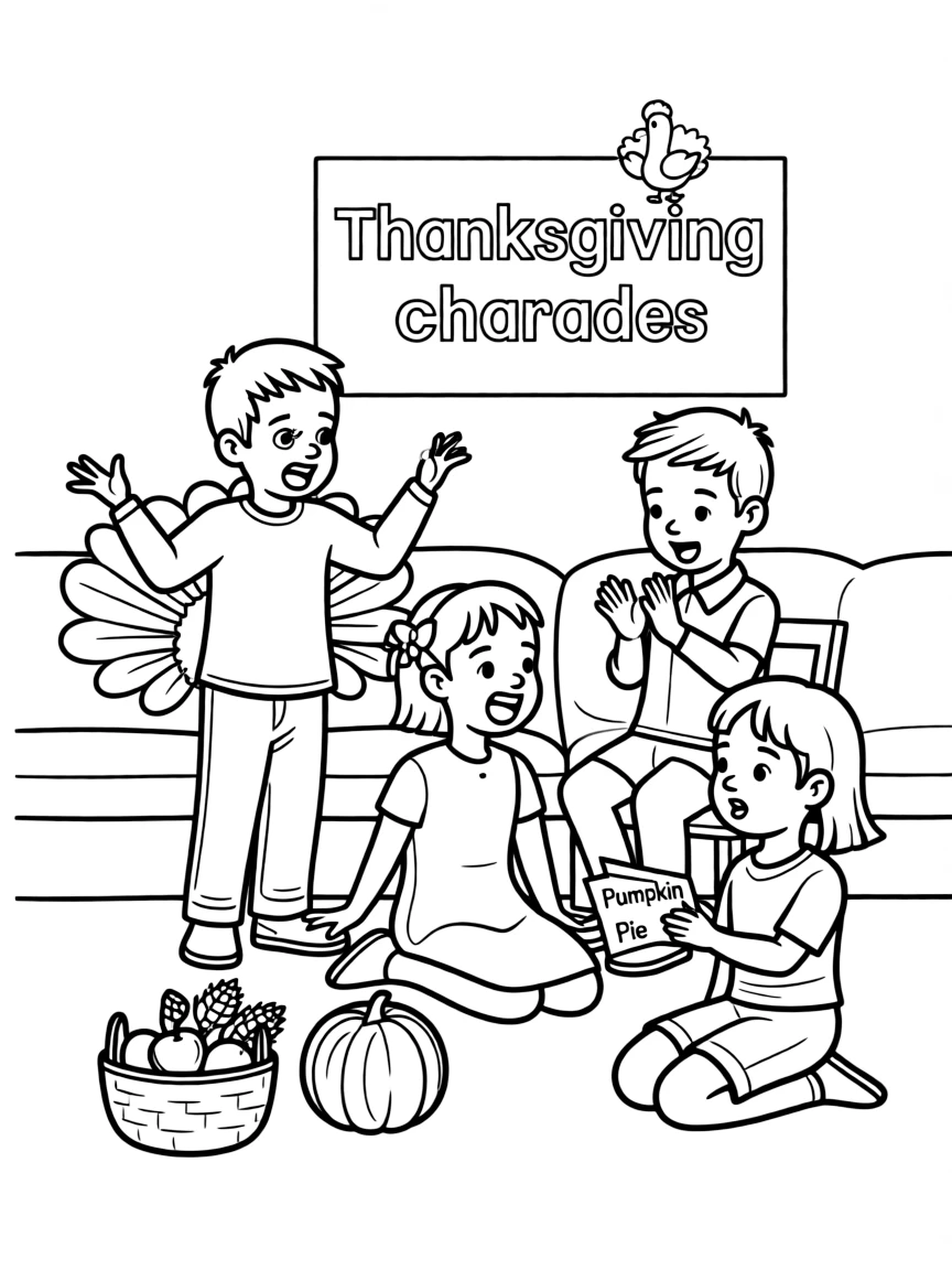 A group of children playing "Thanksgiving charades."