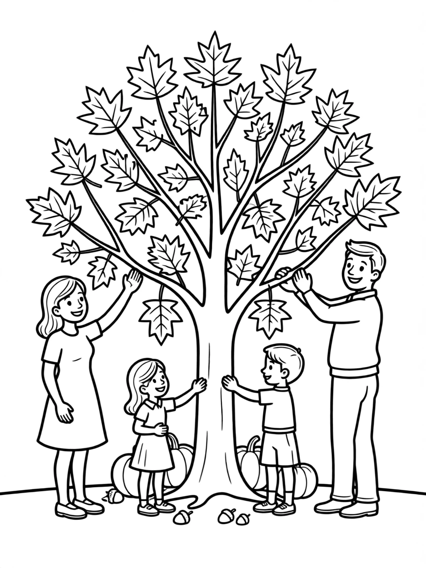 A happy family decorating a Thanksgiving tree with autumn leaves.