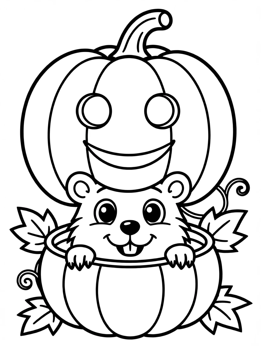 A playful groundhog peeking out from under a pumpkin.