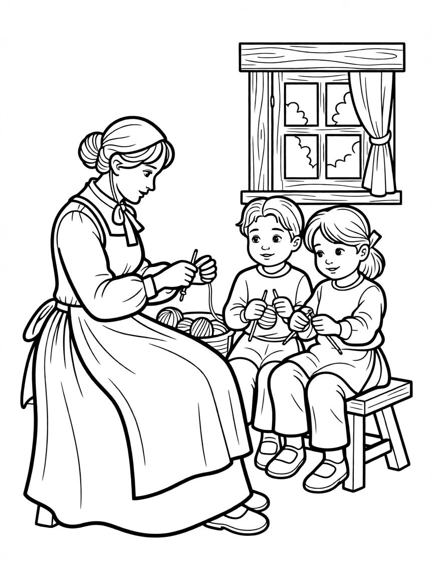 A pilgrim mother teaching her children to knit.