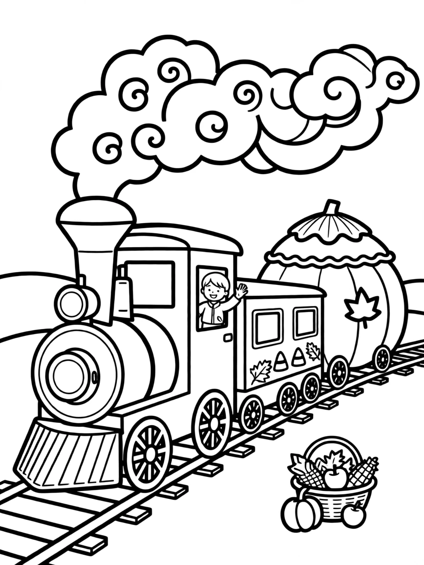 A Thanksgiving-themed train with a caboose shaped like a pie.