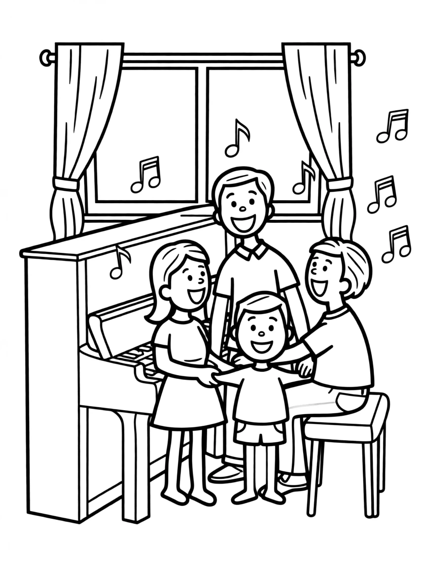 A happy family singing Thanksgiving carols around a piano.
