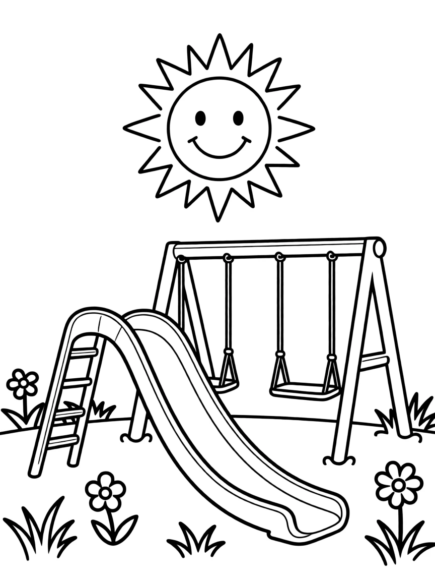 A happy sun shining over a playground with a slide and swings.