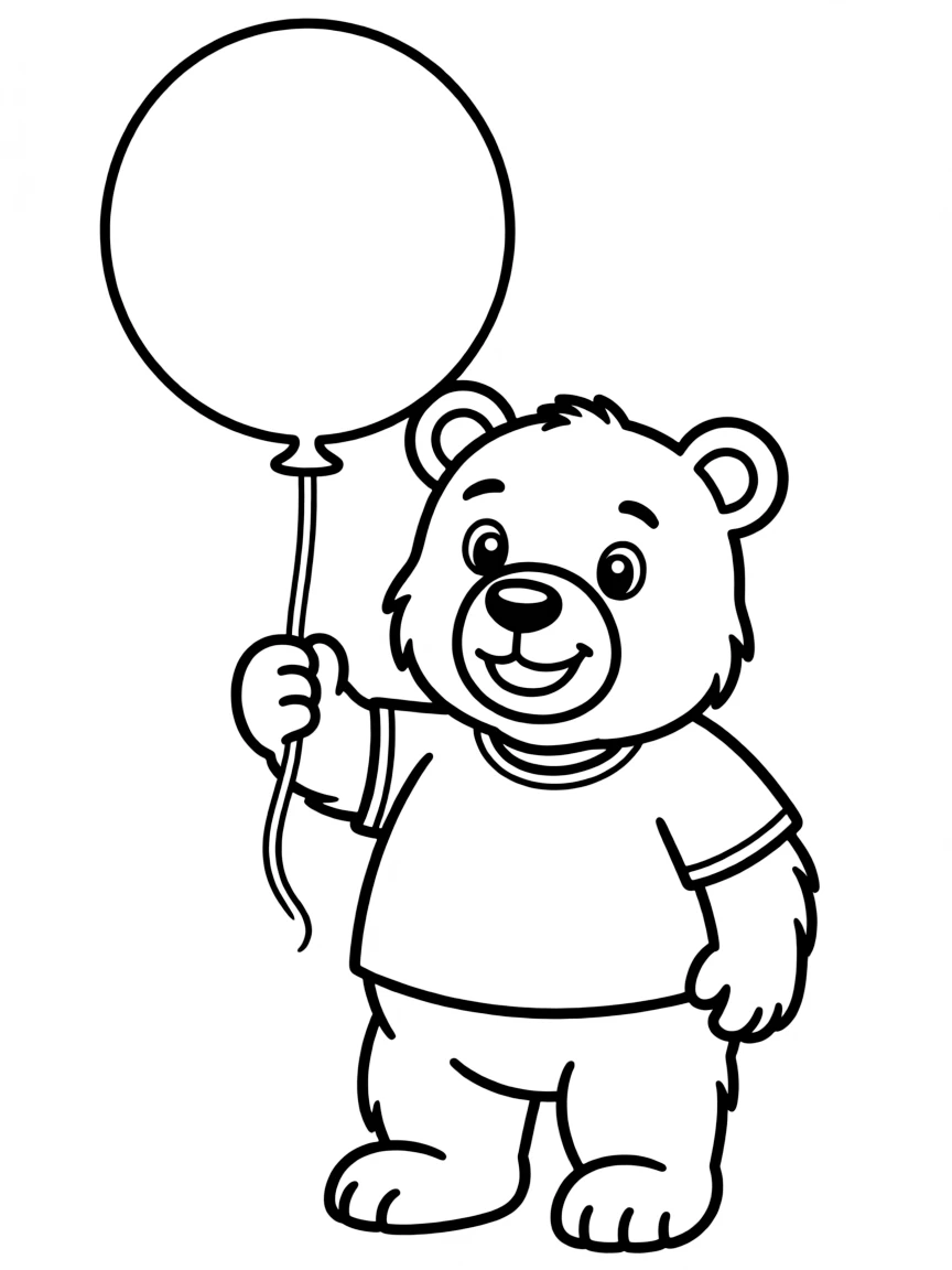 A friendly bear holding a big red balloon.