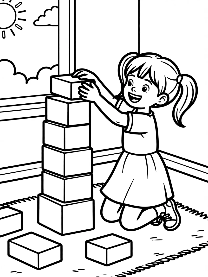 A little girl building a tall block tower.