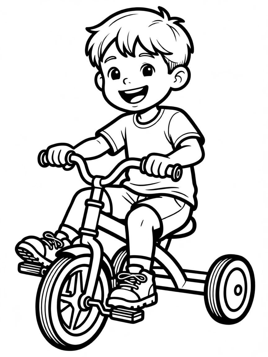 A boy riding a tricycle with a smile.