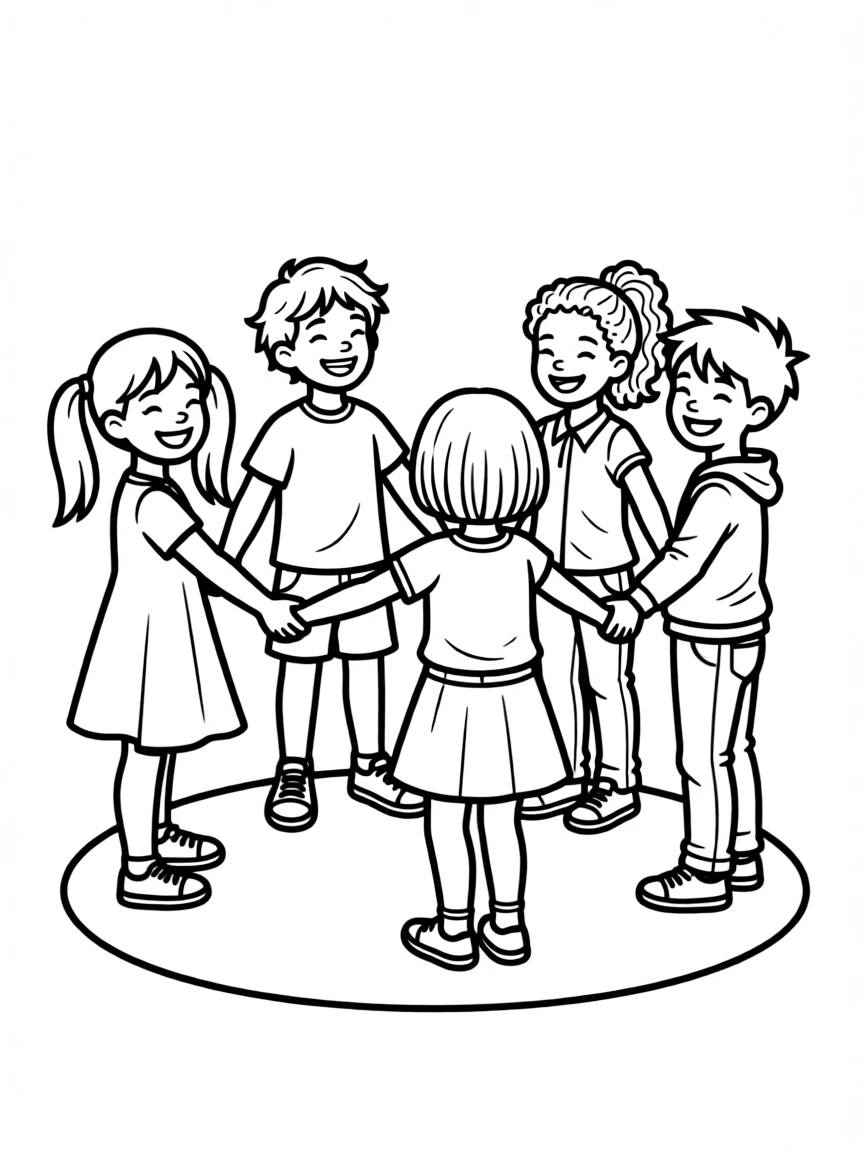 A group of diverse children holding hands in a circle.