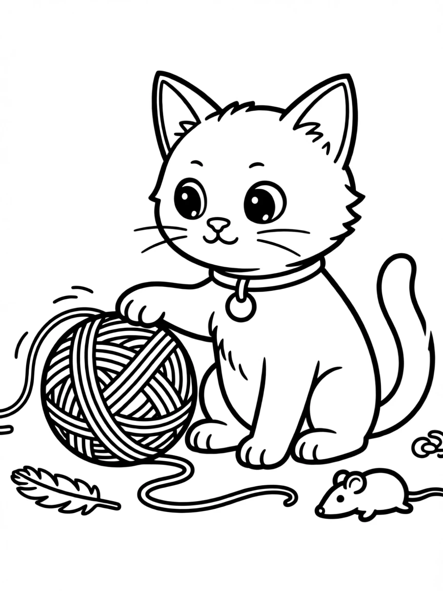 A cute kitten playing with a ball of yarn.