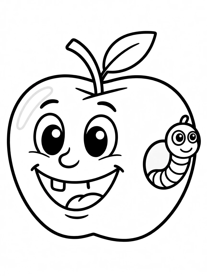 A cheerful apple with a worm peeking out.