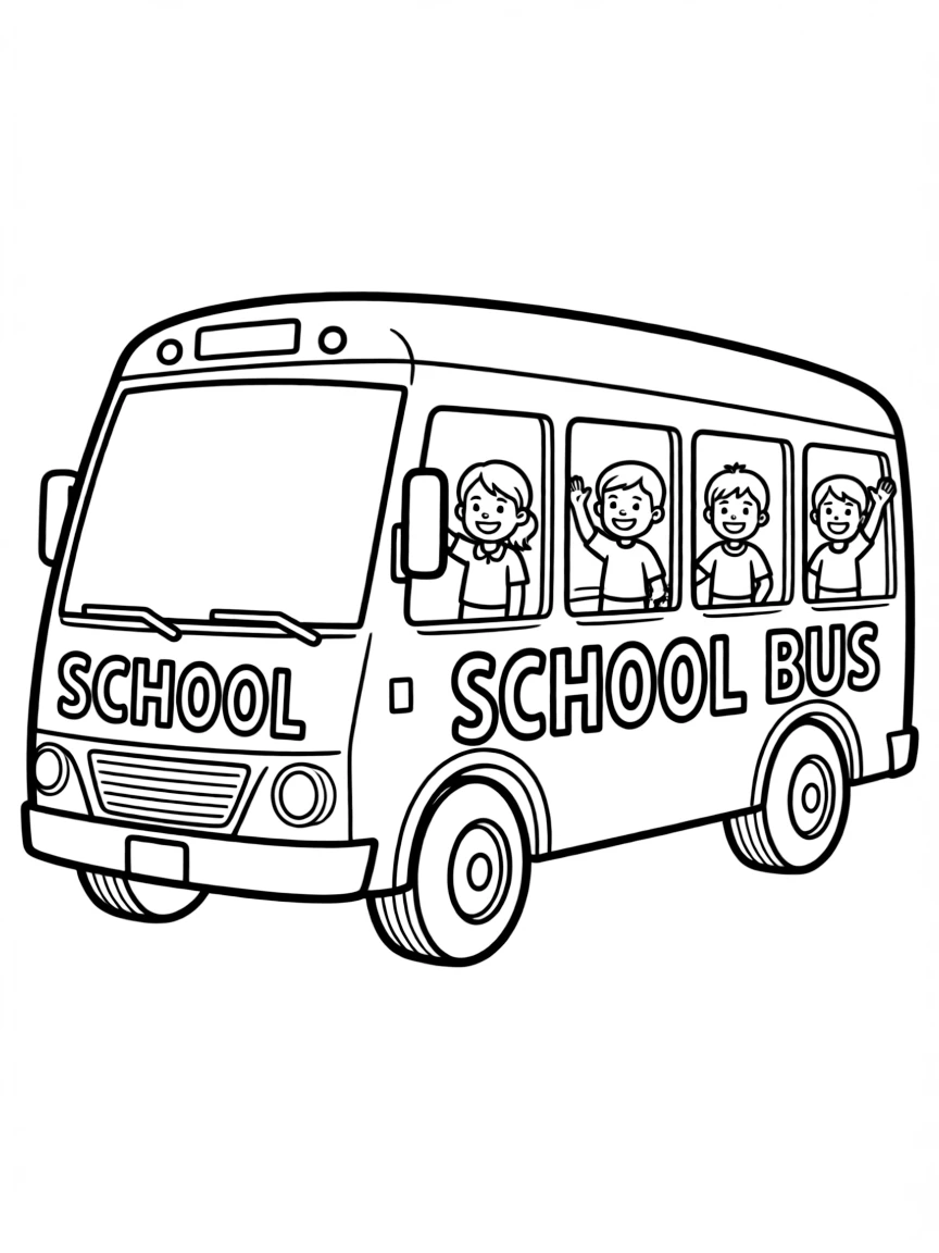 A happy school bus with children waving.