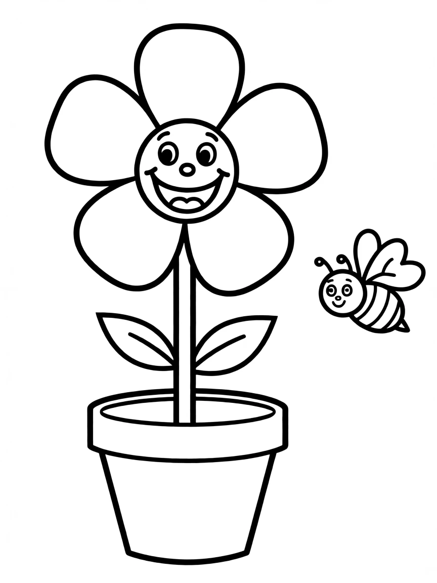 A smiling flower in a pot, with a bumblebee nearby.