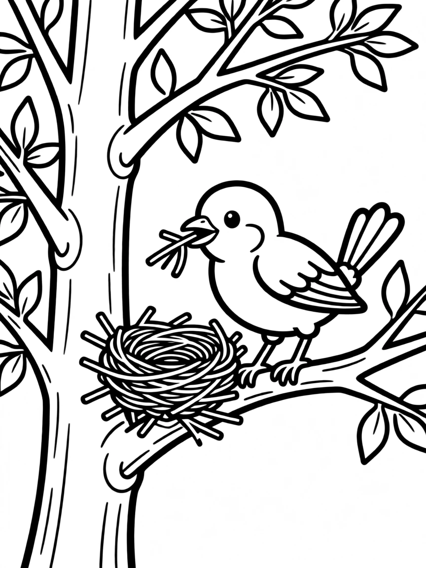 A little bird building a nest in a tree.