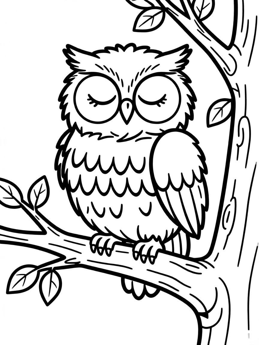 A sleepy owl on a branch, looking wise.