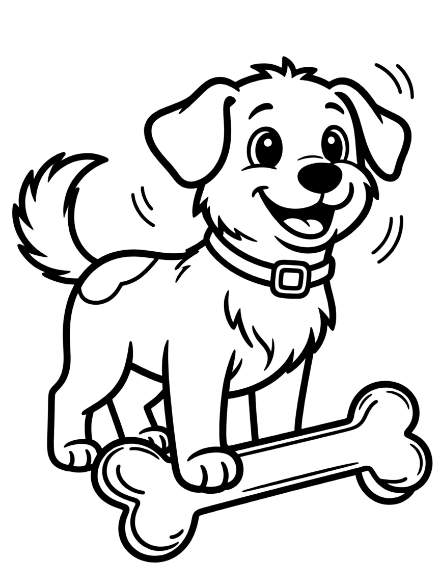 A friendly dog wagging its tail next to a bone.