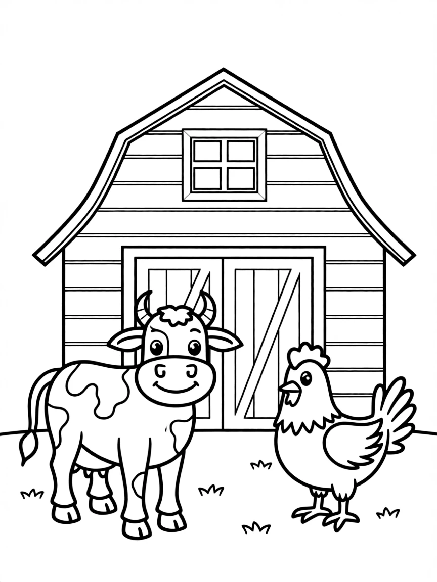A farm scene with a barn, a cow, and a chicken.