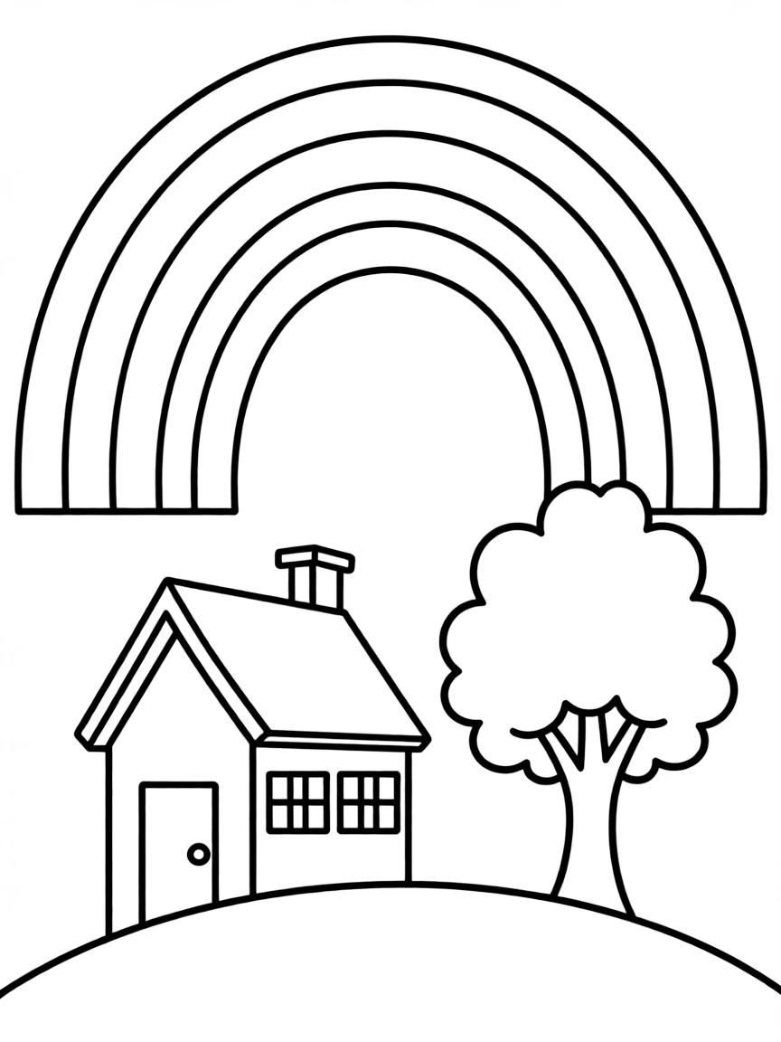 A rainbow arching over a house and a tree.