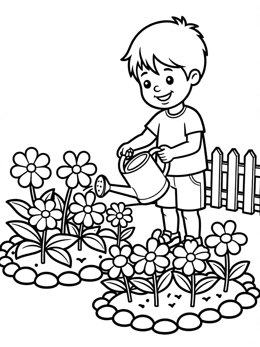 A little boy watering flowers in a garden.