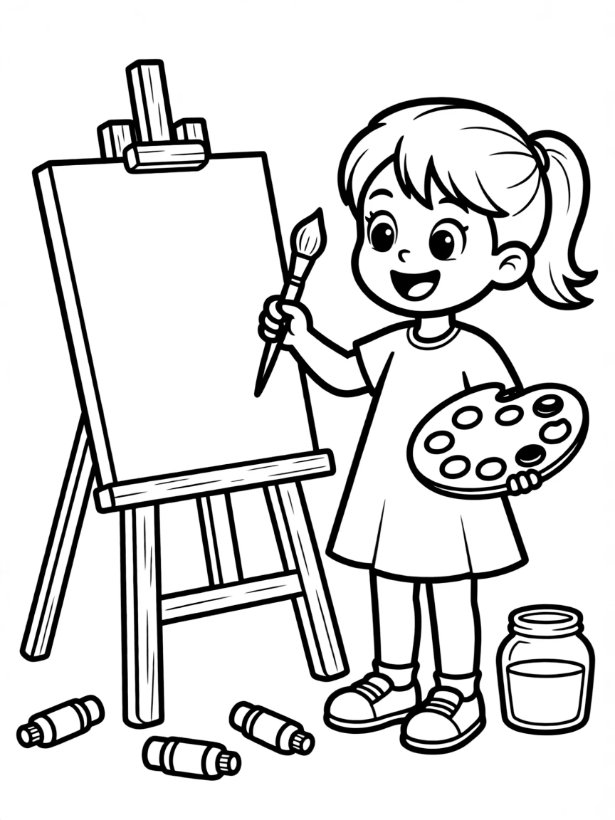 A girl painting a picture on an easel.
