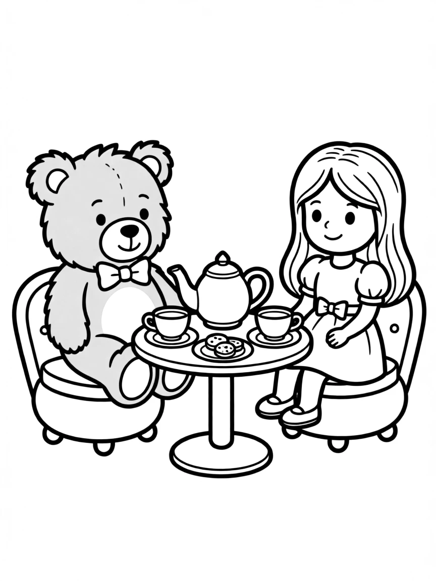 A teddy bear having a tea party with a doll.