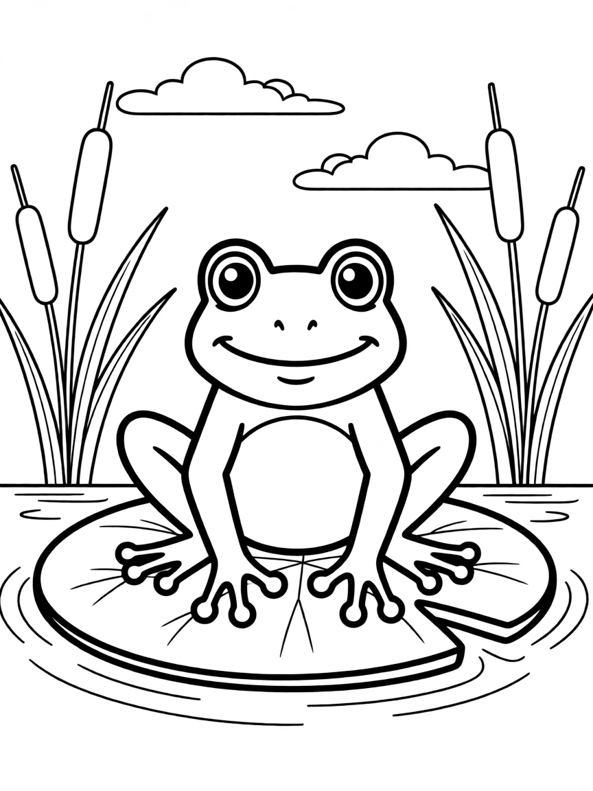 A frog sitting on a lily pad, ready to jump.