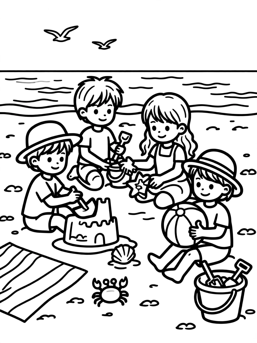 A group of children playing with sand toys on a beach.