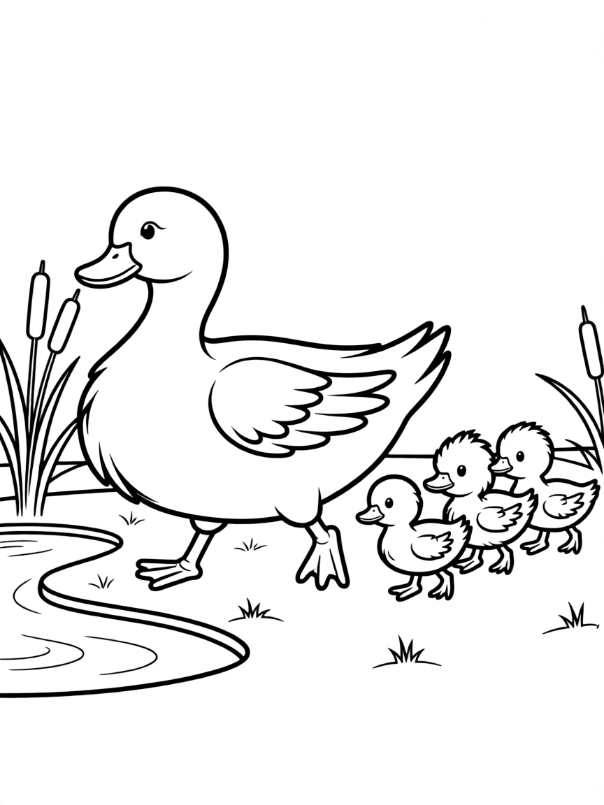 A mama duck with her ducklings following her.