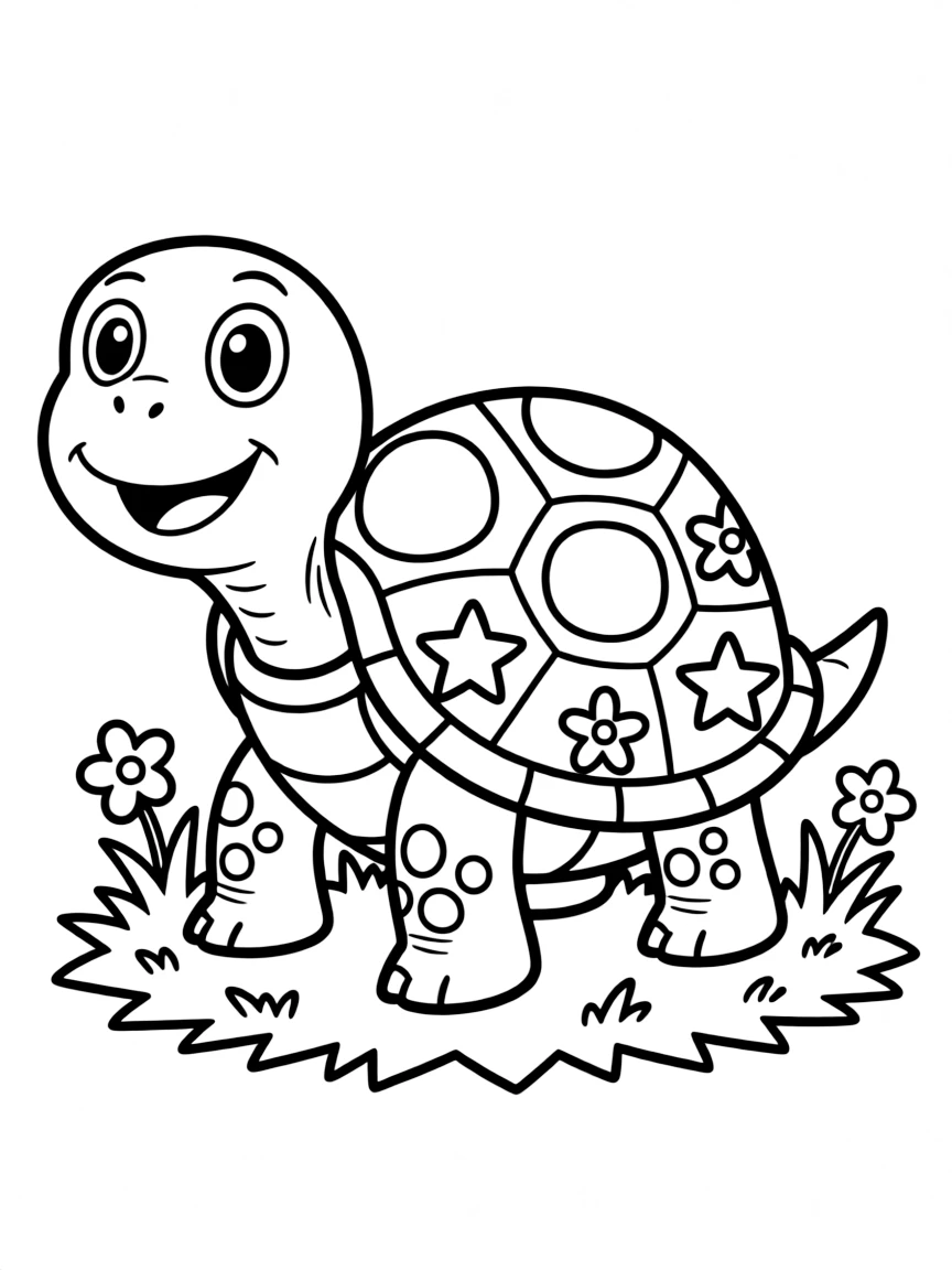 A happy turtle with a patterned shell.