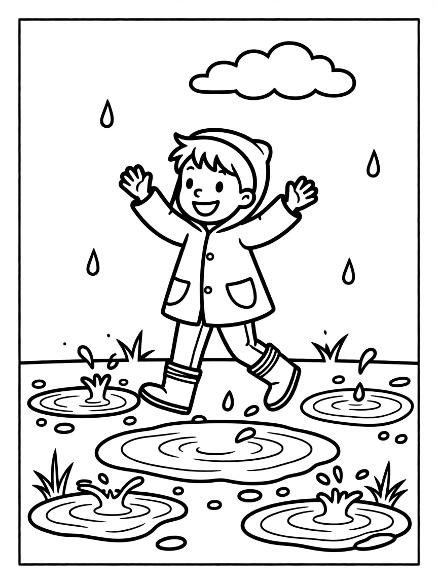 A child jumping in puddles with rain boots.
