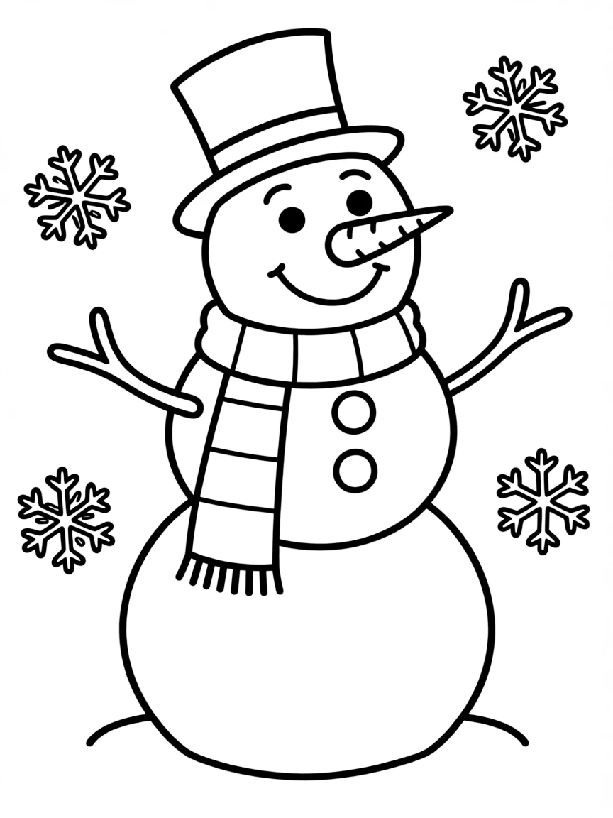 A happy snowman with a carrot nose and a scarf.