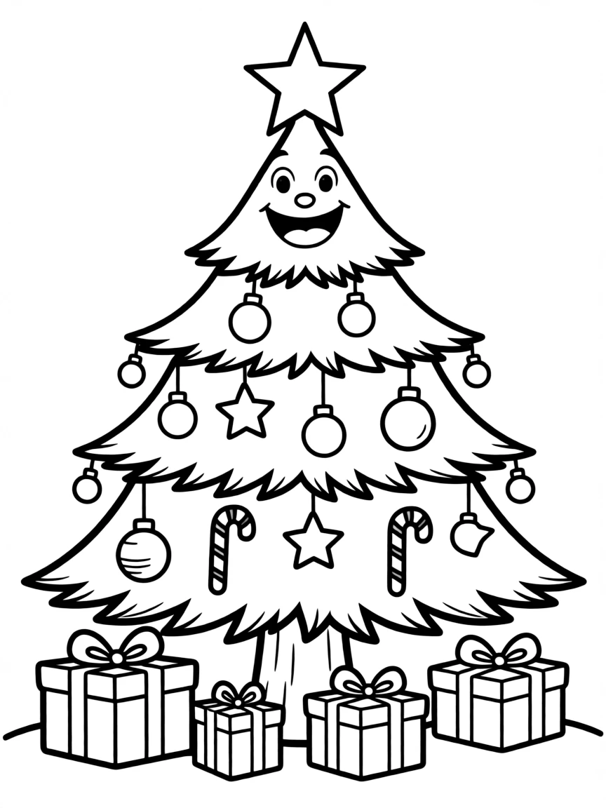 A happy Christmas tree with ornaments and presents.