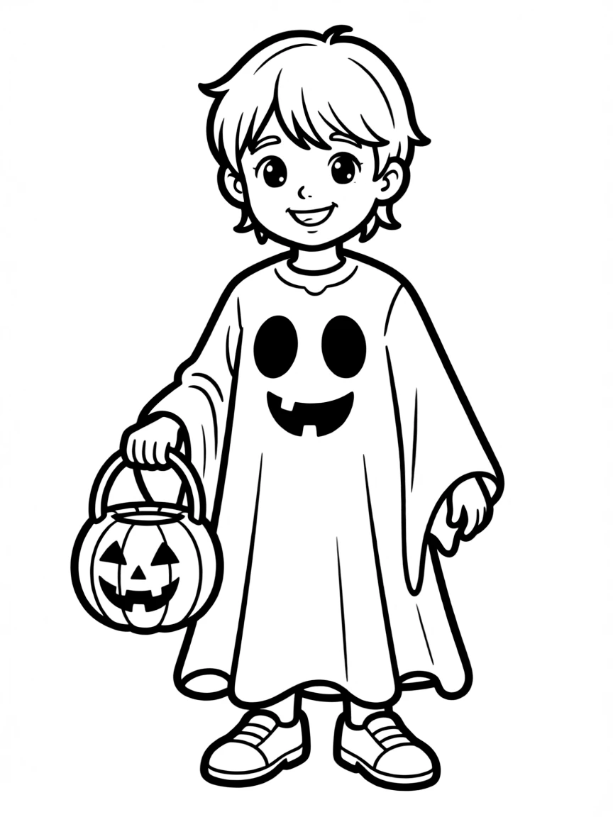 A child dressed in a Halloween costume, holding a candy bucket.