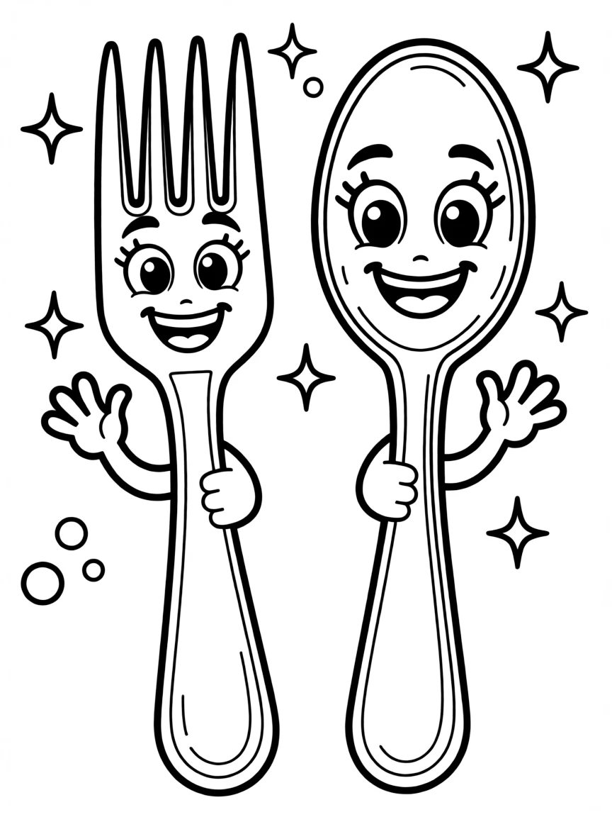 A happy fork and spoon with eyes.