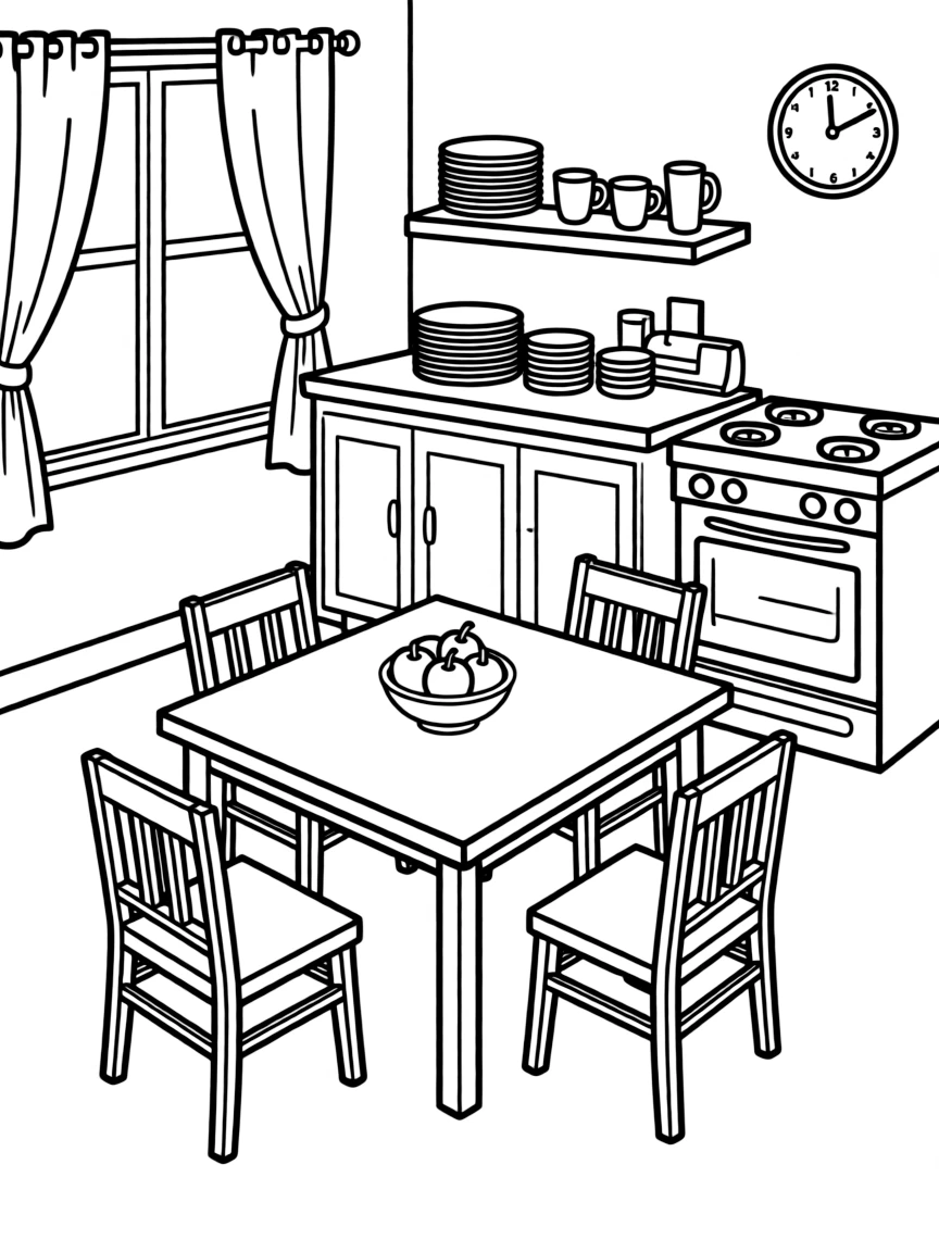 A kitchen with a table and chairs.