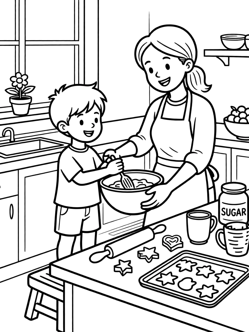 A little boy helping his mom bake cookies.