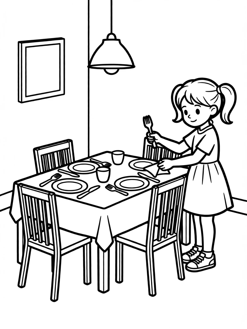 A little girl setting the table.