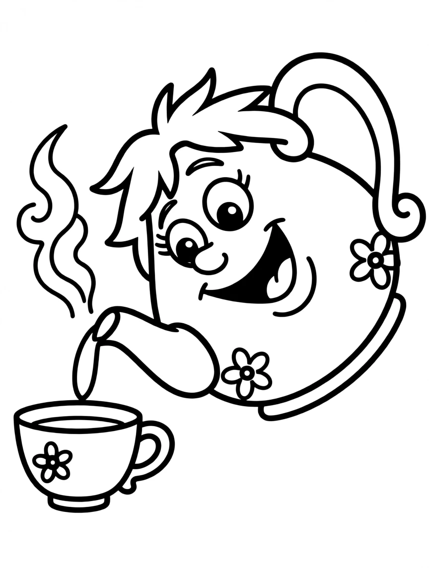 A happy teapot pouring tea.