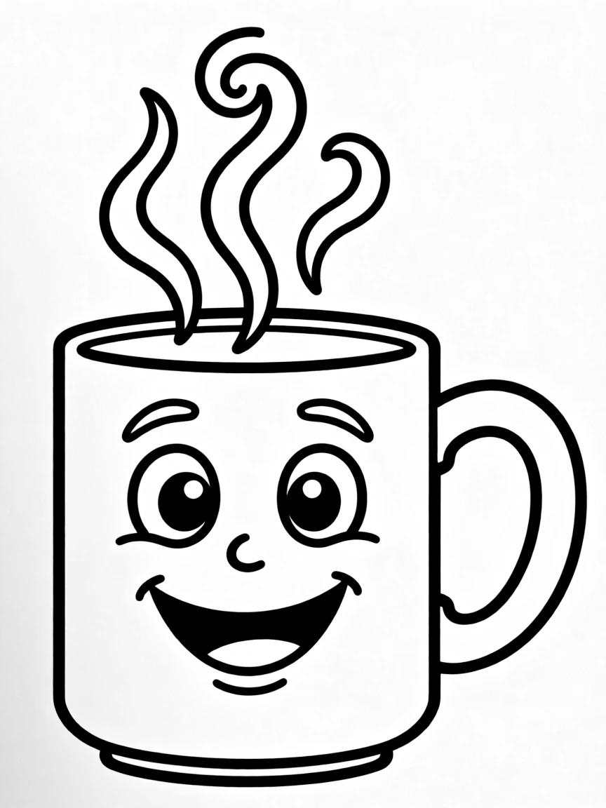 A smiling mug with steam rising.