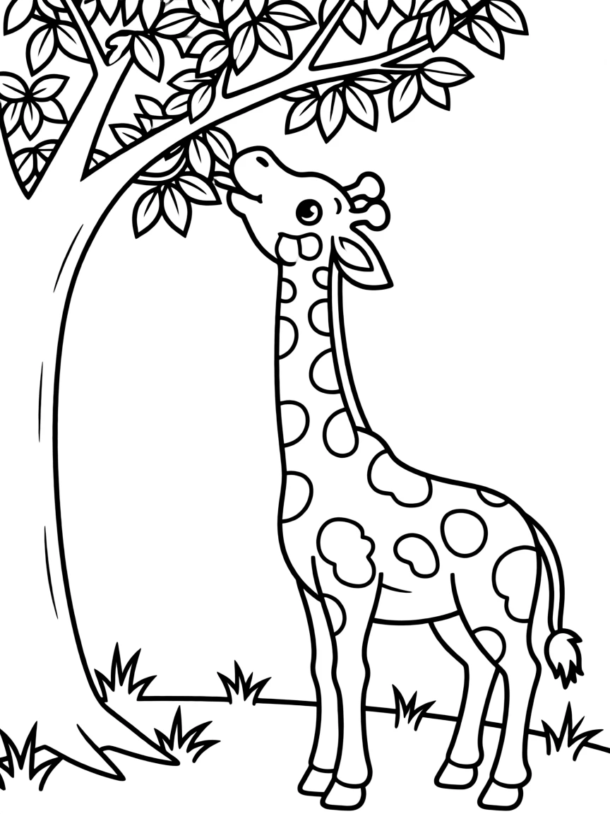 A giraffe with a long neck eating leaves from a tree.